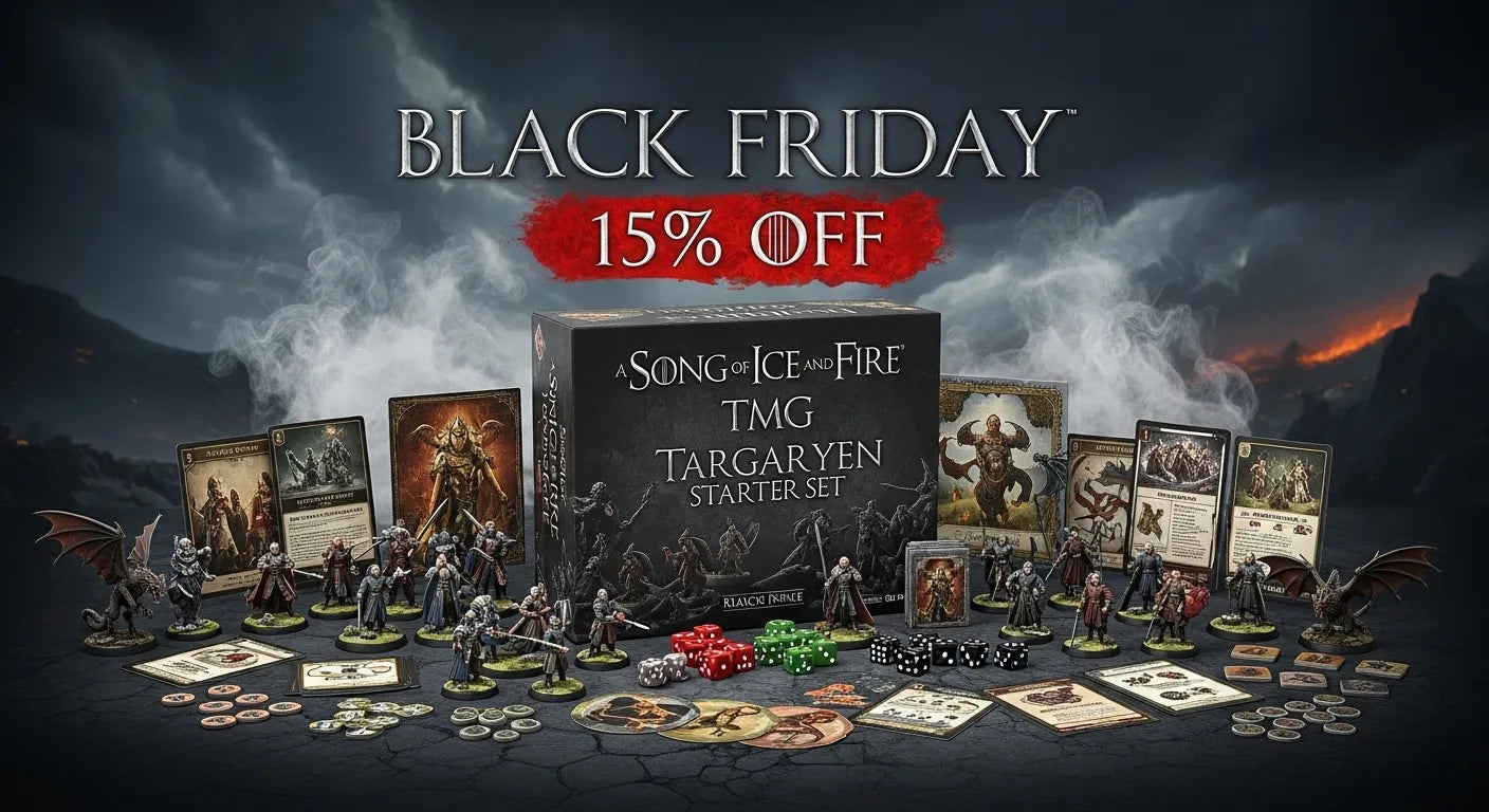 Game of Thrones Targaryen starter set with game pieces and figures on a dark background, featuring 'Black Friday' sale text.